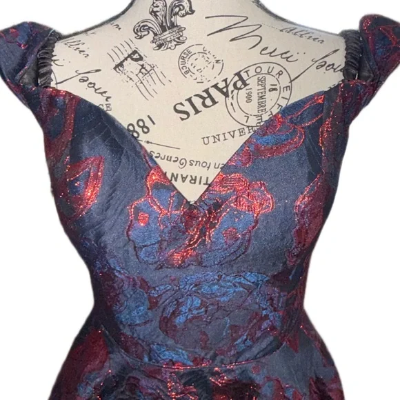 Alyce Paris Metallic Jacquard Fit & Flare Cocktail Dress Size 6 Blue & Red Prom - Picture 2 of 10